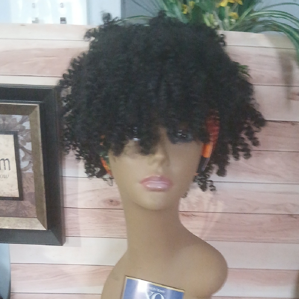 Curly Black Wig with Orange Highlights